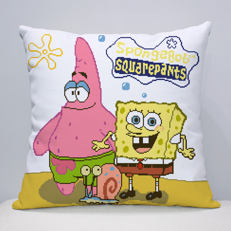 5d精准印花十字绣抱枕海绵宝宝卡通动漫可爱靠垫卧室送儿童礼物