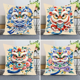 吉祥醒狮抱枕十字绣自己绣爆款好寓意国风牡丹靠枕套打发时间礼物