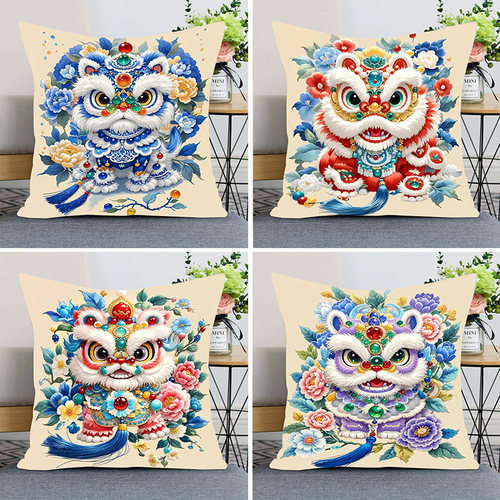 吉祥醒狮抱枕十字绣自己绣爆款好寓意国风牡丹靠枕套打发时间礼物