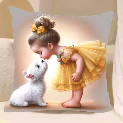 治愈亲吻可爱女孩与狗抱枕十字绣新款线绣客厅儿童房床头枕套满绣