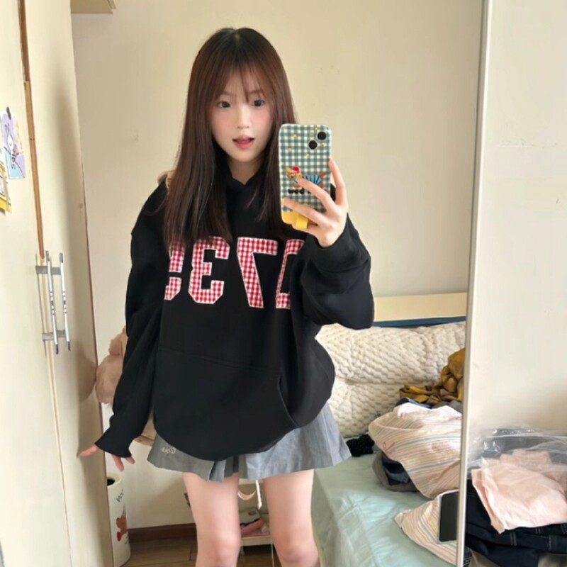 美式重磅黑色连帽卫衣女加绒加厚2025新款宽松慵懒风套头外套薄款