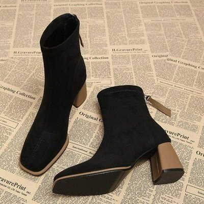 方头短靴女后拉链小踝靴马丁靴