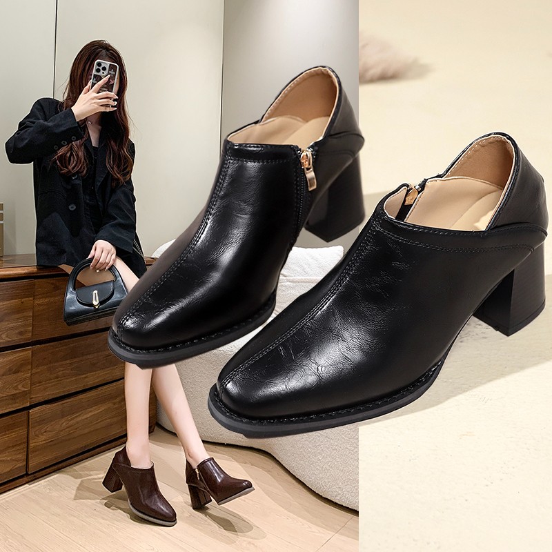 复古方头高跟鞋女2025秋季新款木纹粗跟深口单鞋不累脚气质小皮鞋