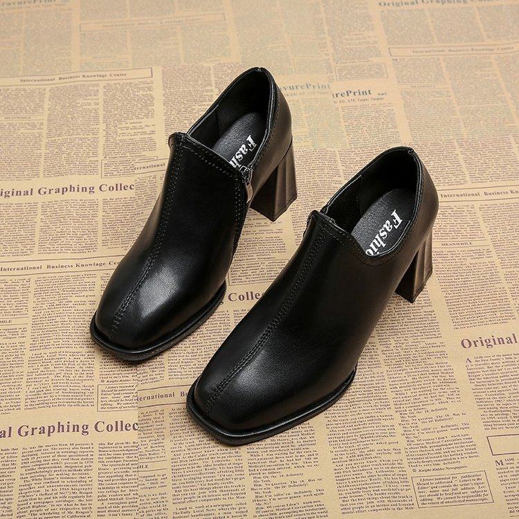 方头高跟鞋女外穿小皮鞋2023春季新款黑色英伦风职业工作单鞋粗跟