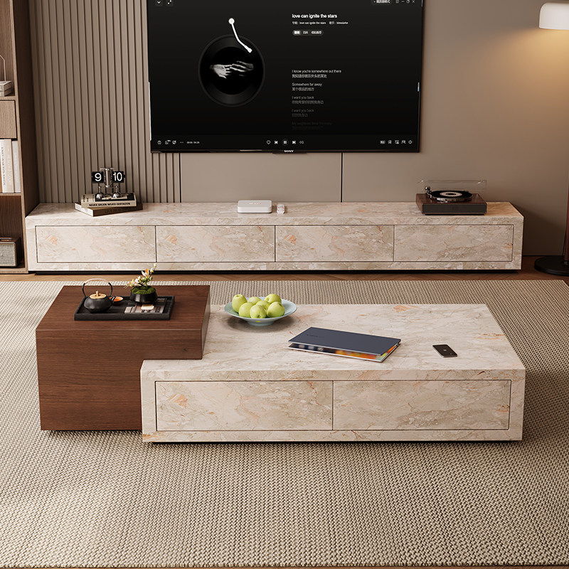 莫奈花园洞石岩板伸缩茶几电视柜轻奢高级感小户型家用长方形茶几