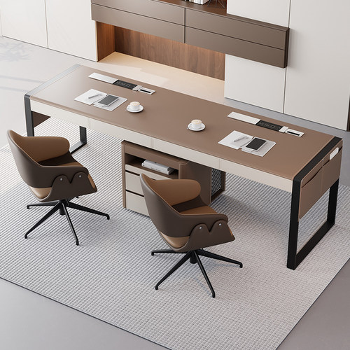 意式极简马鞍皮书桌职员双人工位实木办公电脑桌设计师写字工作台