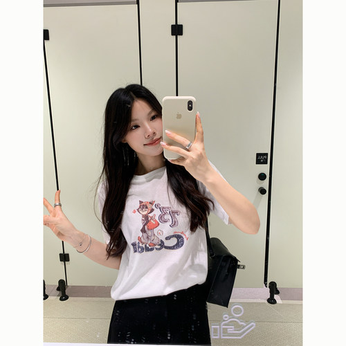 Peanut 花生糖俏皮猫咪短袖T恤夏季新款宽松显瘦百搭印花上衣女