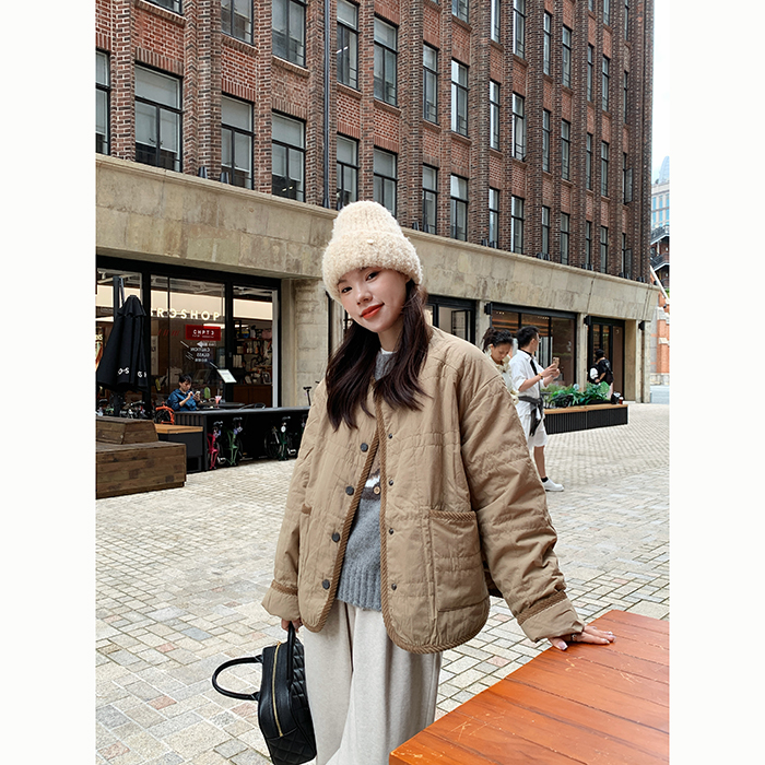 Peanut花生糖 撞色加绒衍棉圆领棉服冬季新款宽松显瘦轻薄款棉袄