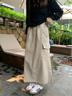 Peanut花生糖抽绳工装裙女秋季新款宽松休闲中长款直筒a字半身裙