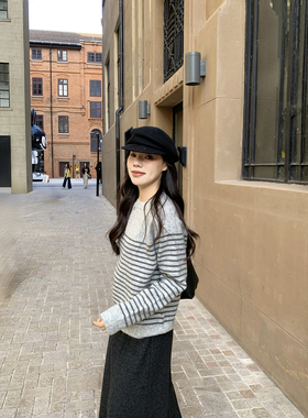 Peanut 花生糖 羊毛混纺条纹圆领毛衣秋冬新款韩版宽松休闲针织