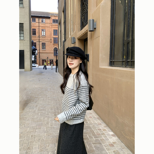 Peanut 花生糖 羊毛混纺条纹圆领毛衣秋冬新款韩版宽松休闲针织