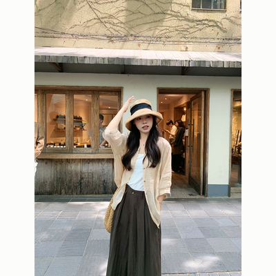 Peanut 花生糖 圆领苎麻中袖衬衫夏季新款宽松显瘦慵懒感衬衣女