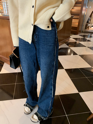 高腰直筒长裤磨毛牛仔百搭