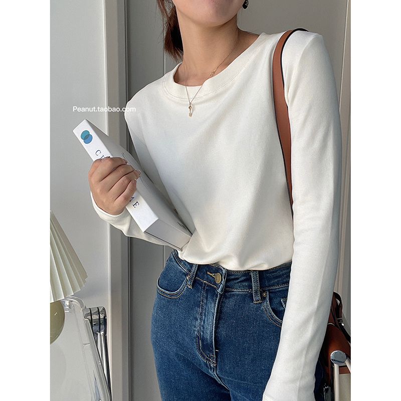 Peanut花生糖 双面磨毛舒适打底T恤女秋冬韩新款百搭基础长袖上衣
