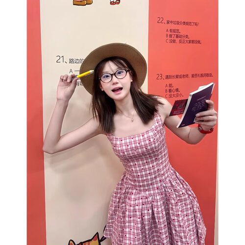 MLYD/定制 大码法式甜美粉色格纹无袖连衣裙少女感收腰显瘦短裙子