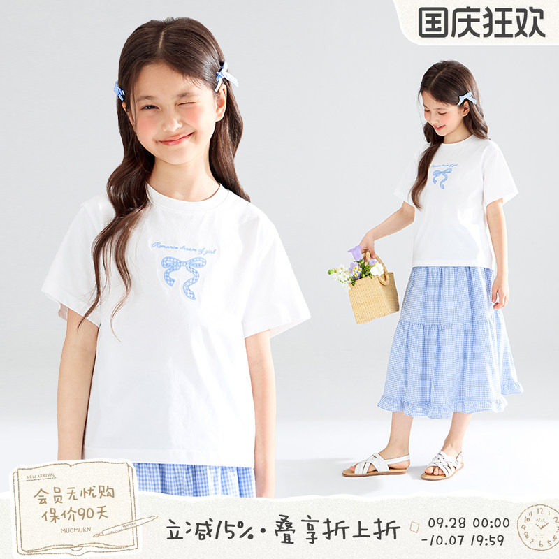 MUCMUKN【芙洛拉花园】sorona凉感蝴蝶结短袖t恤透气格纹腰裙女童