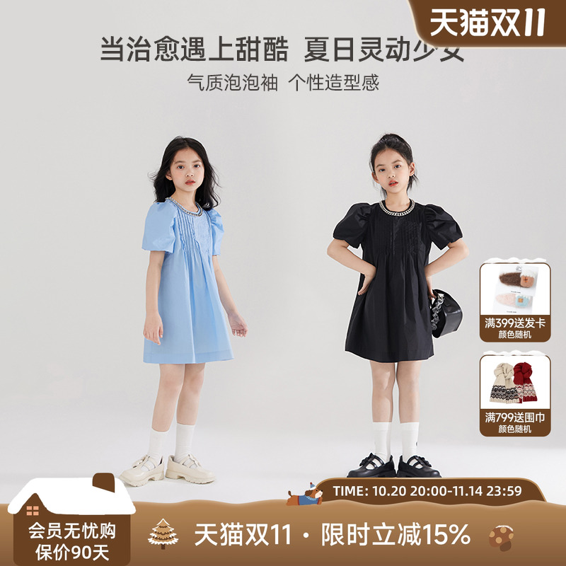 木可木可女童泡泡袖公主裙夏季韩版时髦洋气连衣裙中大童甜美裙子