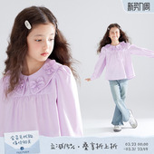紫衬衫 天丝莱赛尔花朵泡泡袖 女童春可爱甜美衬衣 紫罗兰花语