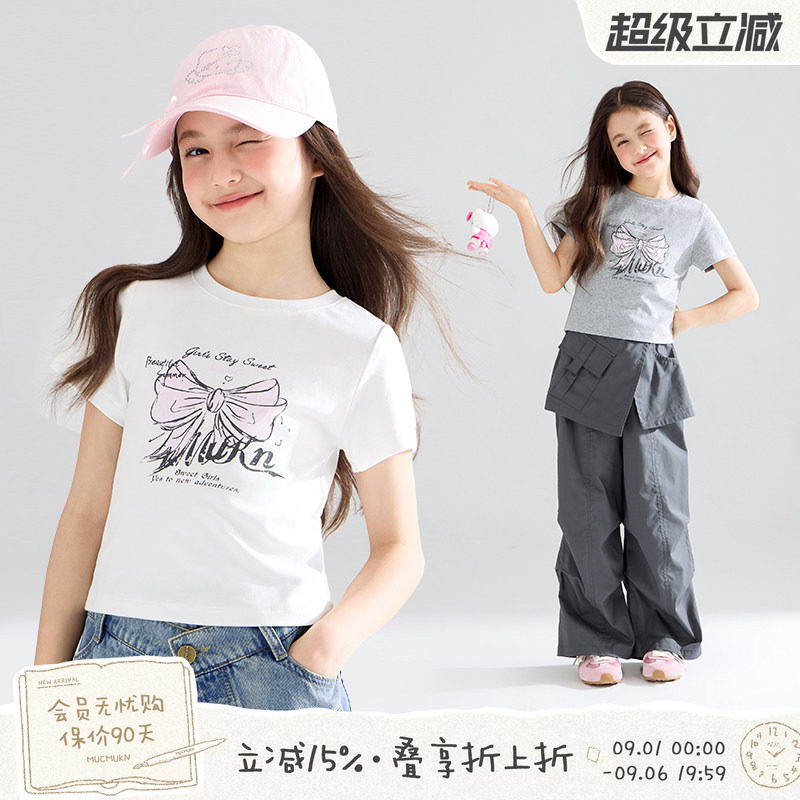 MUCMUKN【霓虹甜心】5A抗菌透气手绘蝴蝶结印花短袖T恤百搭女童夏图片