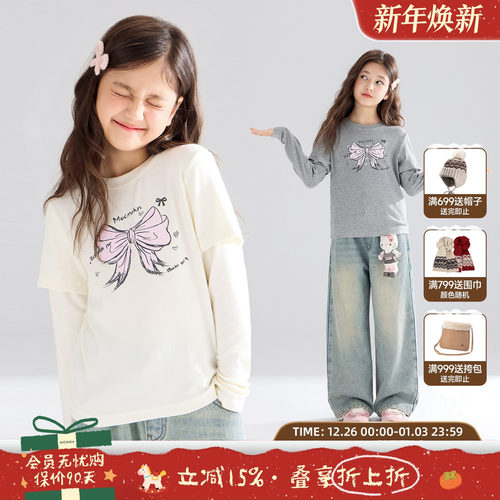 秋日霓虹甜心  手绘蝴蝶结假两件T恤