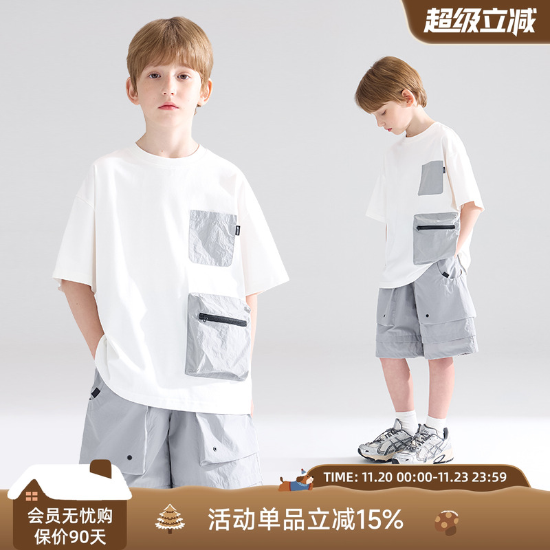 【灰调时空】sorona黑科技凉感棉 工装口袋T恤短裤户外机能男童