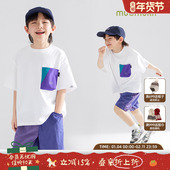 5A抗菌 儿童短袖 山系撞色口袋t恤透气男童新款 紫色短裤 潮