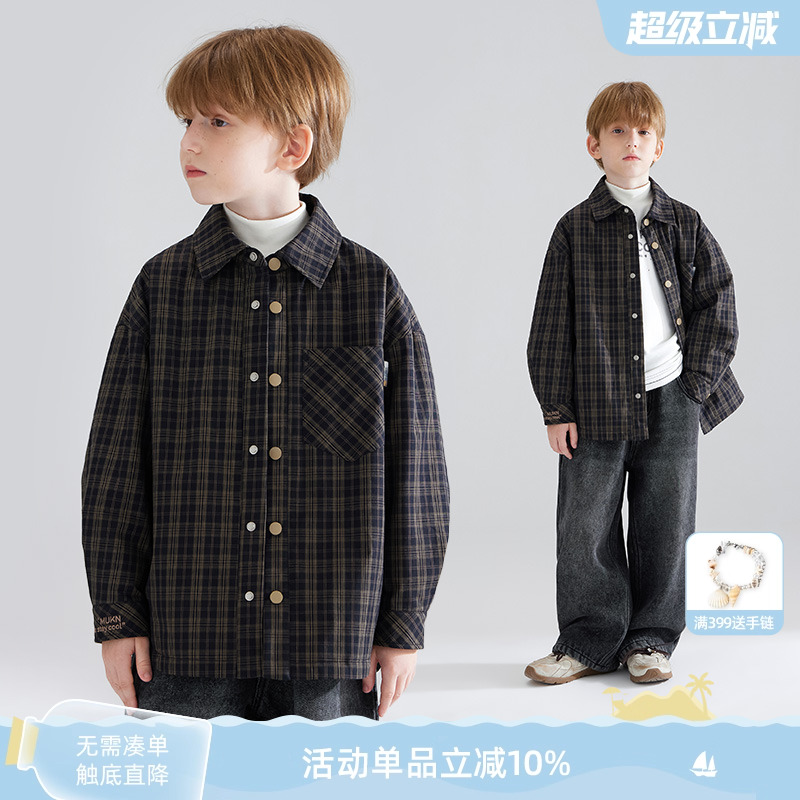 【格列乐章】黑棕格纹男童夹棉衬衫外套加厚冬季新款儿童保暖棉服