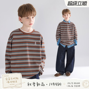 MUCMUKN【学院新生】复古老钱风绣花条纹长袖T恤百搭男女童26秋新