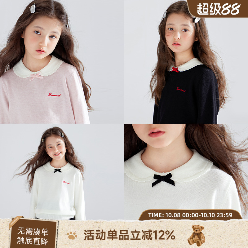 【缪系千金】美丽奴羊毛混纺女童蝴蝶结毛衣打底衫学院风针织衫