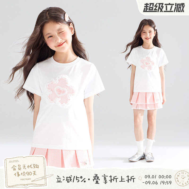 MUCMUKN【蜜糖花园】sorona光盾凉感蕾丝边花朵短袖T恤格纹腰裙图片