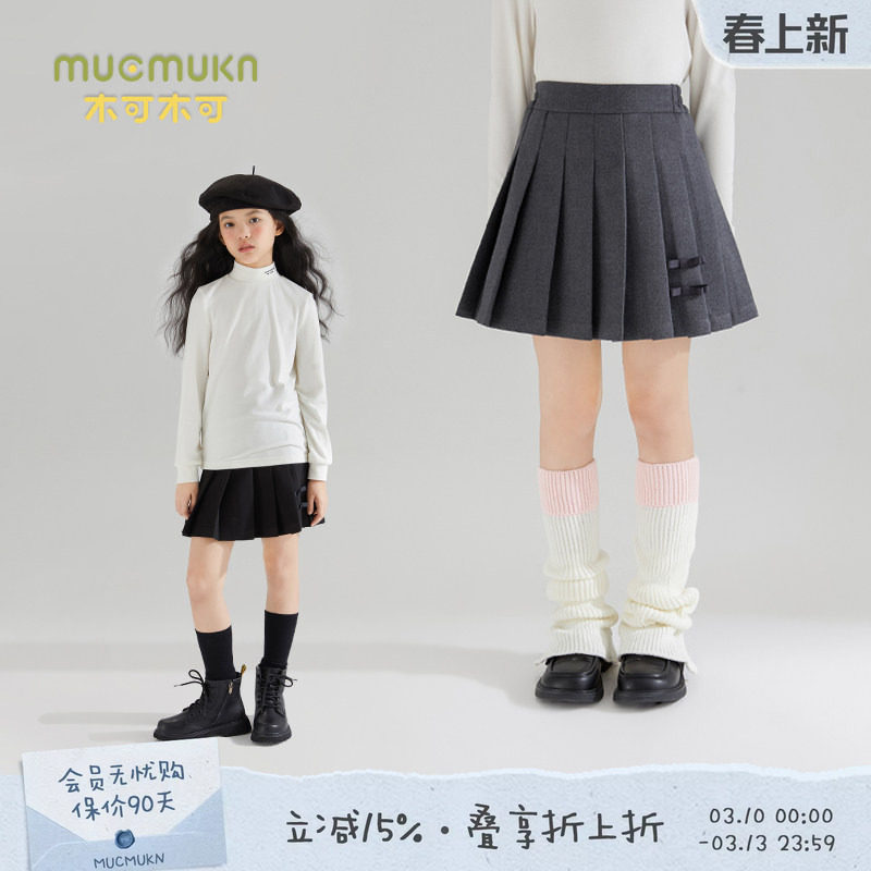 女童磨毛百褶短裙春秋冬新款裙子中大童毛呢腰裙蝴蝶结织带半身裙