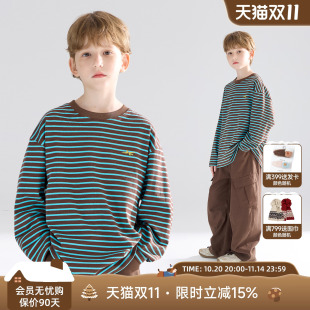 复古条纹T恤100%全棉撞色领长袖 美式 打底男童秋新款 奥巧松饼