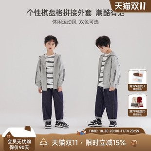 木可木可童装 外套黑白格洋气百搭中大童休闲上衣 男童连帽针织开衫