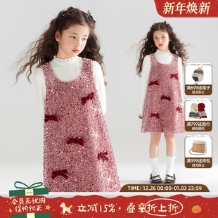 MUCMUKN 珠片丝绒蝴蝶结裙子加棉连衣裙新年舞台礼服 闪耀派对