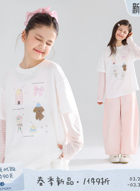 MUCMUKN【春日party】亚麻棉莱赛尔 原创手绘印花假两件T恤女童春