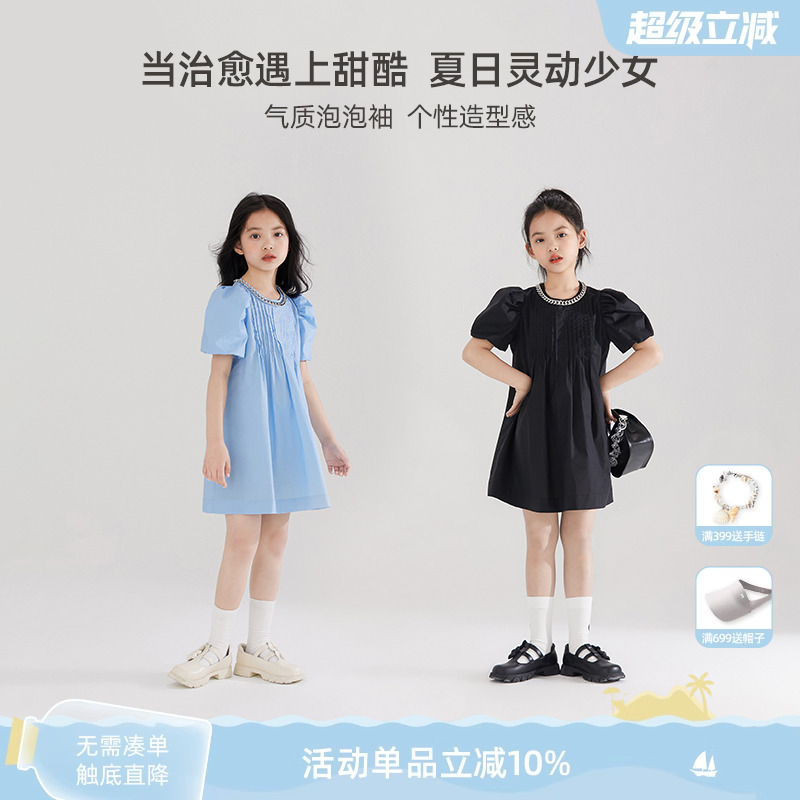 木可木可女童泡泡袖公主裙夏季韩版时髦洋气连衣裙中大童甜美裙子