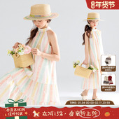 全棉花朵彩条 西西里海岛 度假沙滩挂脖连衣裙甜美女童夏新