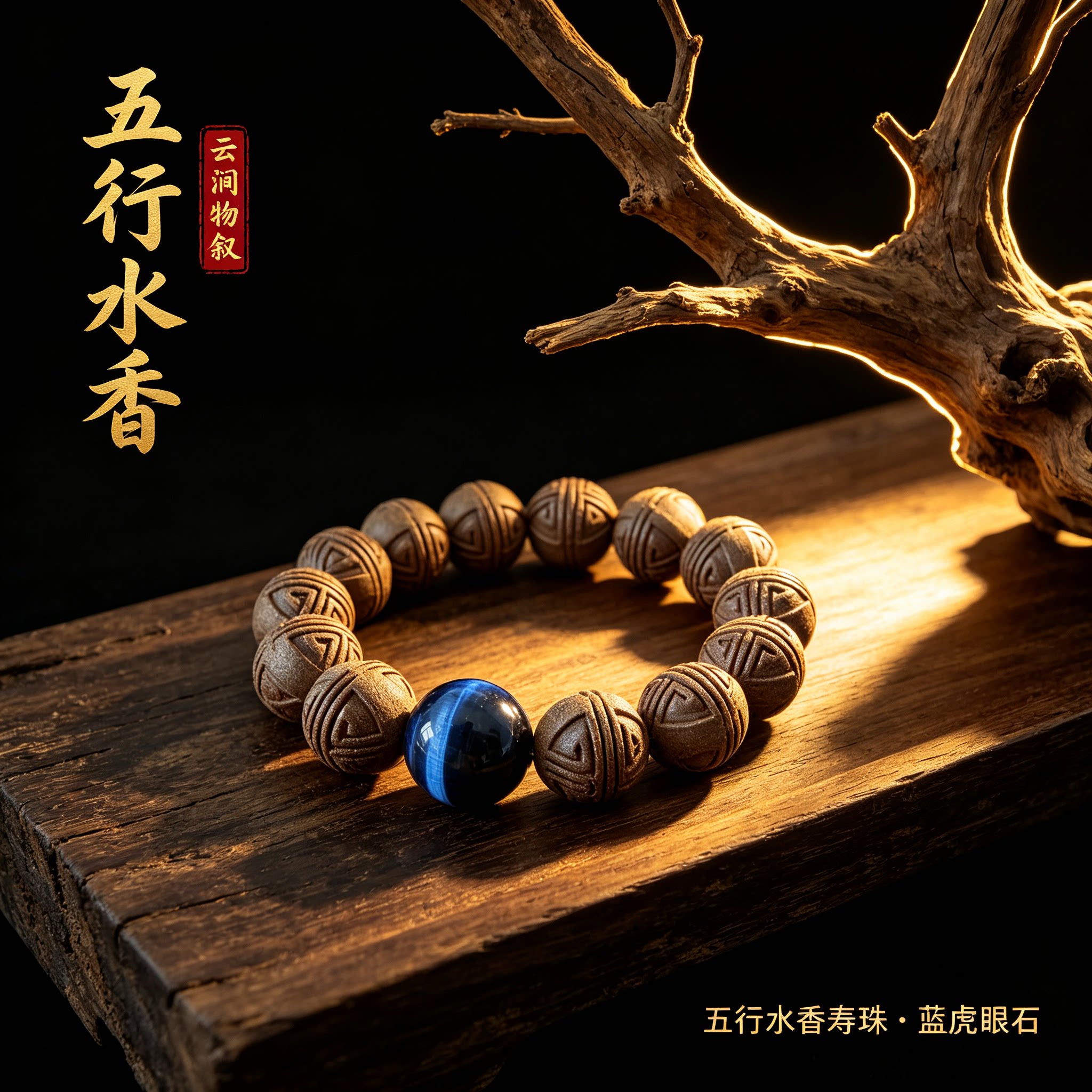 云涧物叙五行水香合香手串 寿珠蓝虎眼石手工药香珠文玩手链男女