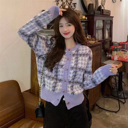 千鸟格毛衣外套女2024春秋新款洋气减龄软糯短款长袖针织开衫上衣