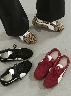 林向晚豹纹德训鞋设计感小众复古红色阿甘鞋平底ins休闲风运动鞋