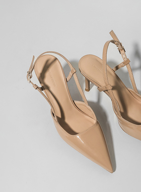 林向晚 裸门永存~尖头裸色高跟鞋一字扣带凉鞋女细跟温柔大姐姐风