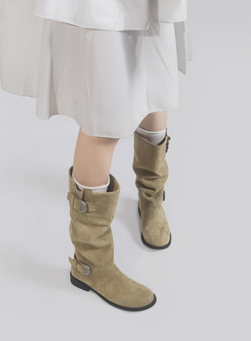 林向晚 波嬉少女~韩系西部牛仔靴皮带扣不过膝长靴通勤松弛堆堆靴