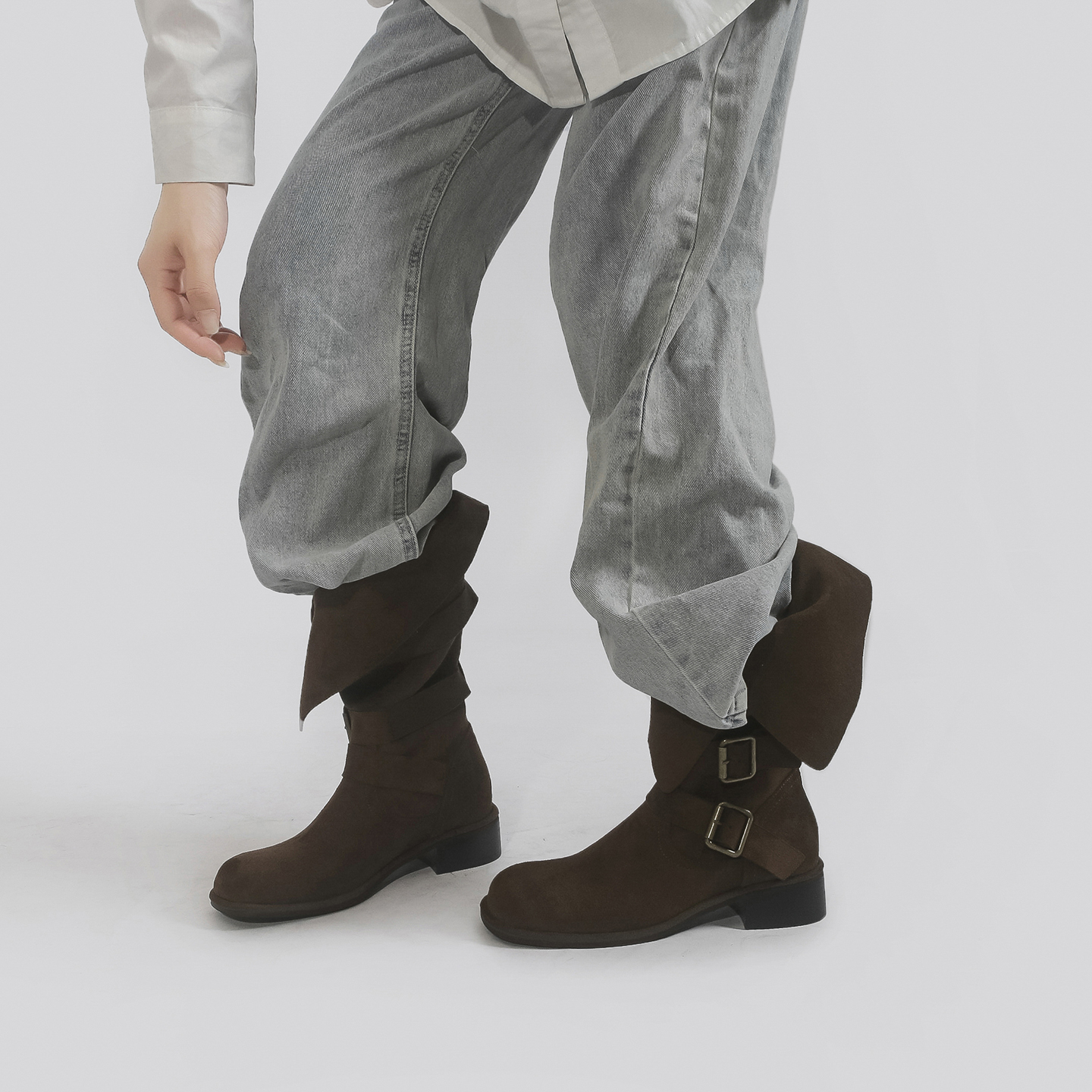 林向晚韩系慵懒感复古圆头堆堆靴