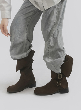 林向晚 韩系慵懒感~废土风靴子女棕色中筒靴皮带扣复古圆头堆堆靴