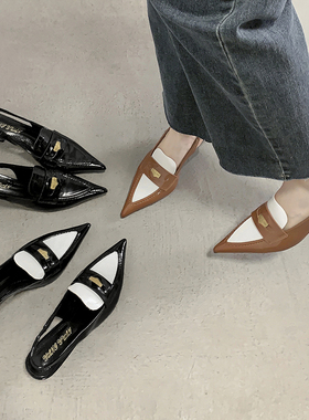 林向晚 法式猫跟~黑色高跟鞋设计感小众气质女神范拼色包头凉鞋女