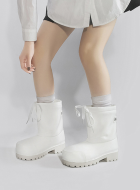林向晚 泡芙少女~圆头白色雪地靴女加绒加厚系带棉鞋厚底增高短靴