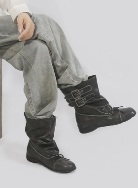 林向晚 暗黑少女~复古做旧西部靴秋冬新款短靴女大筒围褶皱堆堆靴