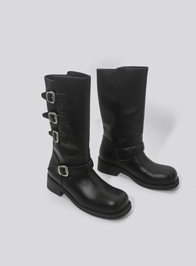 林向晚 韩系街头~黑色长靴女不过膝女厚底骑士靴金属皮带扣机车靴