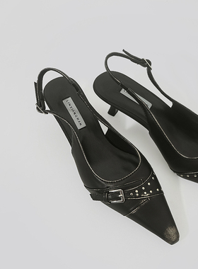 林向晚 千禧少女~复古做旧黑色高跟鞋设计感小众中古风铆钉凉鞋女