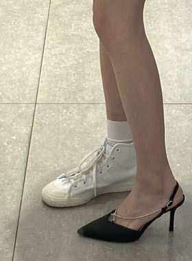 黑色高跟鞋设计感小众气质名媛水钻链条包头凉鞋女一字扣带仙女风